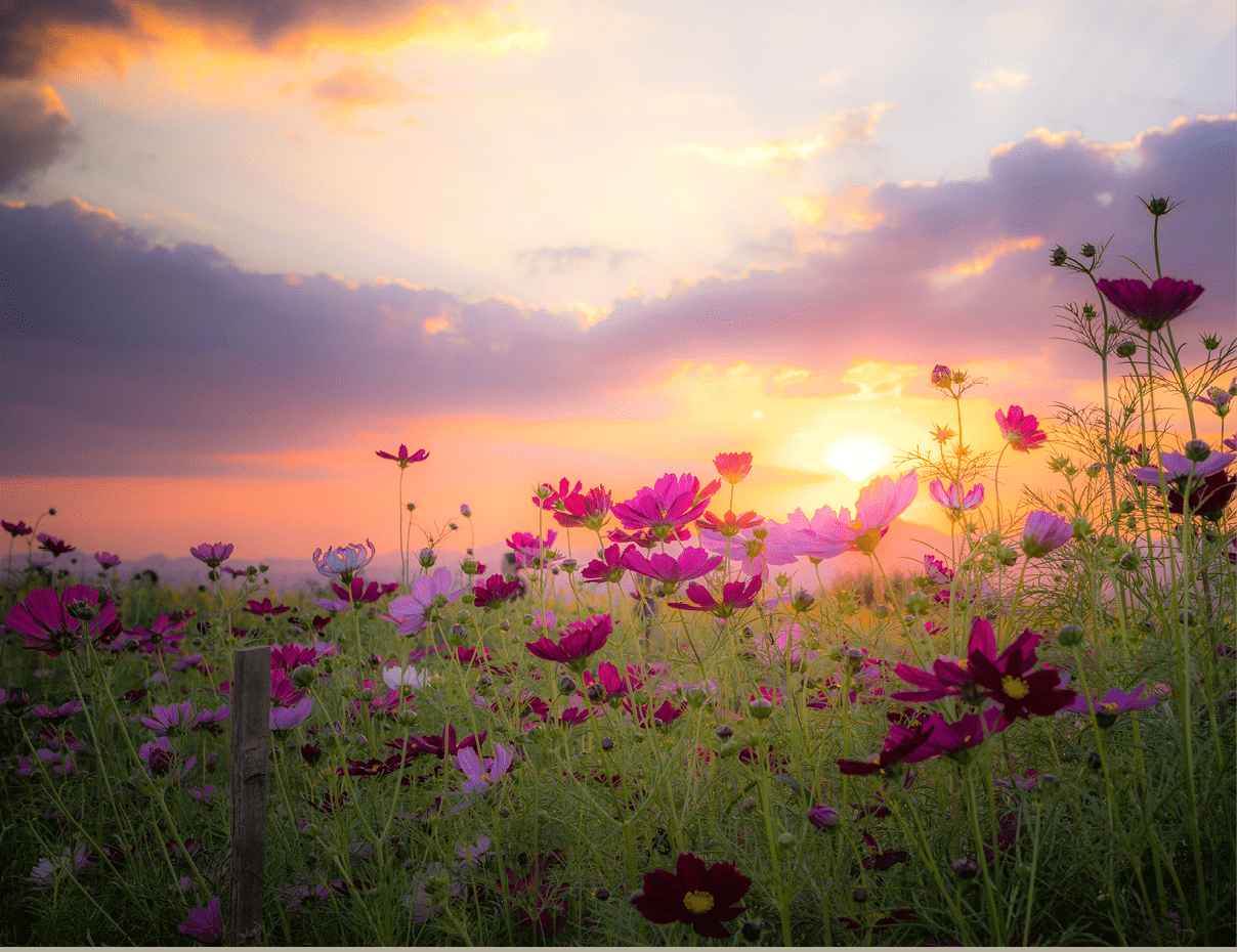 Beautiful rural landscape with sunrise and open meadow Yellow flowers bloom in the spring fields. Wild flowers blooming in the sunset Summer scene view